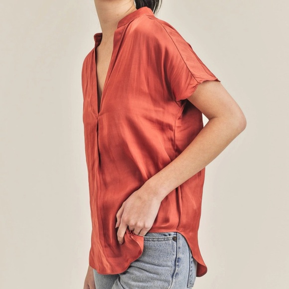 Reset By Jane V Neck Silky Fabric Short Sleeve Stand Up Collar Blouse Esme Top S - Picture 1 of 7